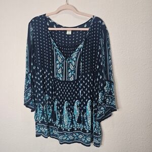 Bila Peasant Blouse Women's Navy Blue Paisley Print Tassel Tunic Top XL Bohemian